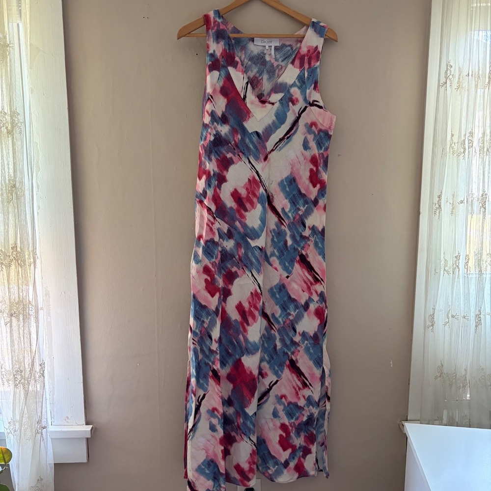 DKNY Pure Womens Linen Maxi Dress Size M Artsy Abstract Sleeveless Resort Coast